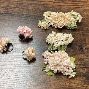 Floral Brooch and Ring Set - Pink and Cream